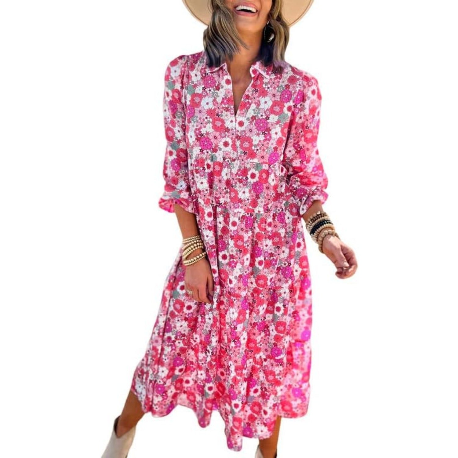 Women's Casual Loose Bohemian Floral Dresses 2024 Long Puff Sleeve V Neck Ruffle A Line Flowy Summer Beach Dress