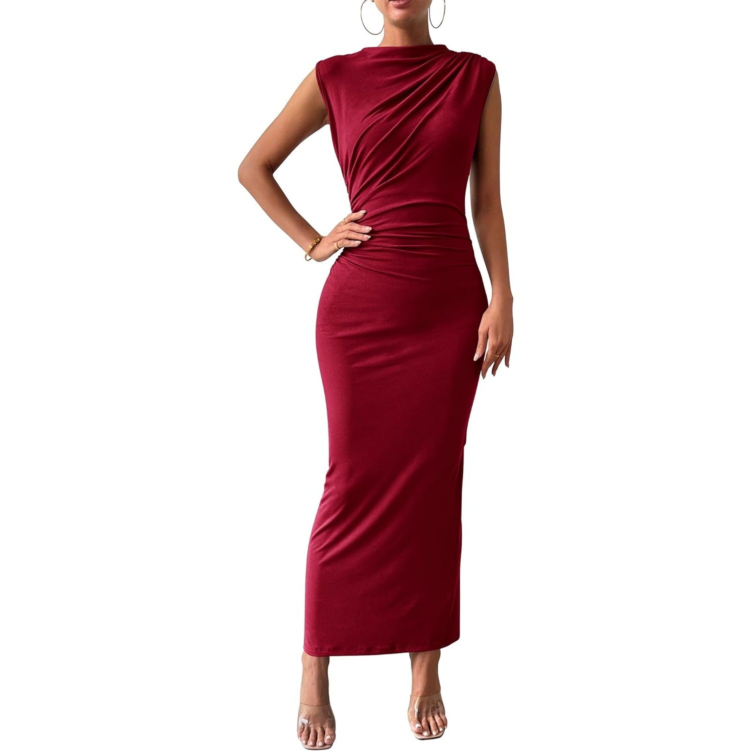 Women's Ruched Bodycon Dress Summer Casual Sleeveless Back Slit Elegant Club Evening Party Cocktail Maxi Dresses