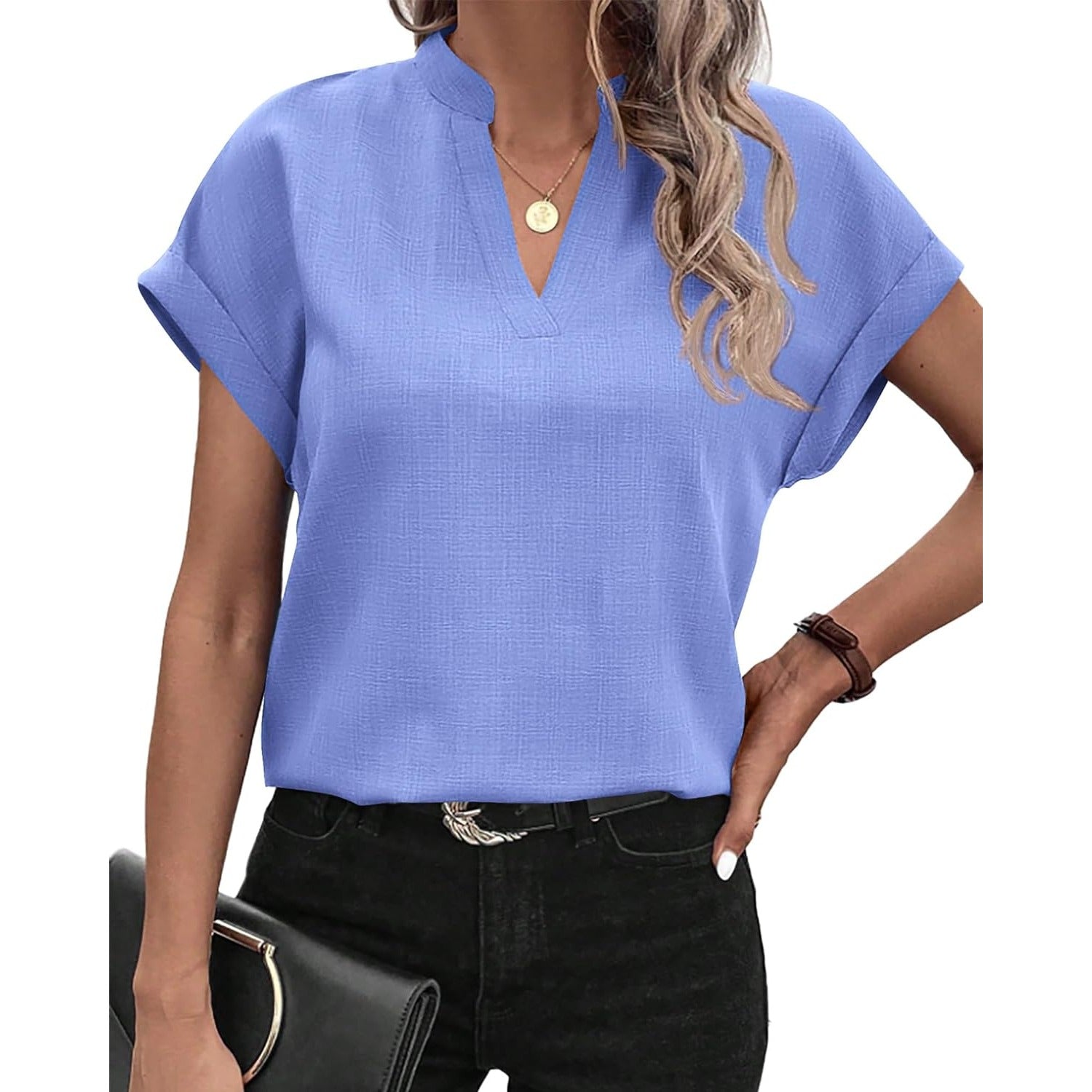 Women's Summer Tops 2024 V Neck Short Sleeve Tshirt Loose Flowy Tunics Solid Color Dressy Casual Blouse Shirts