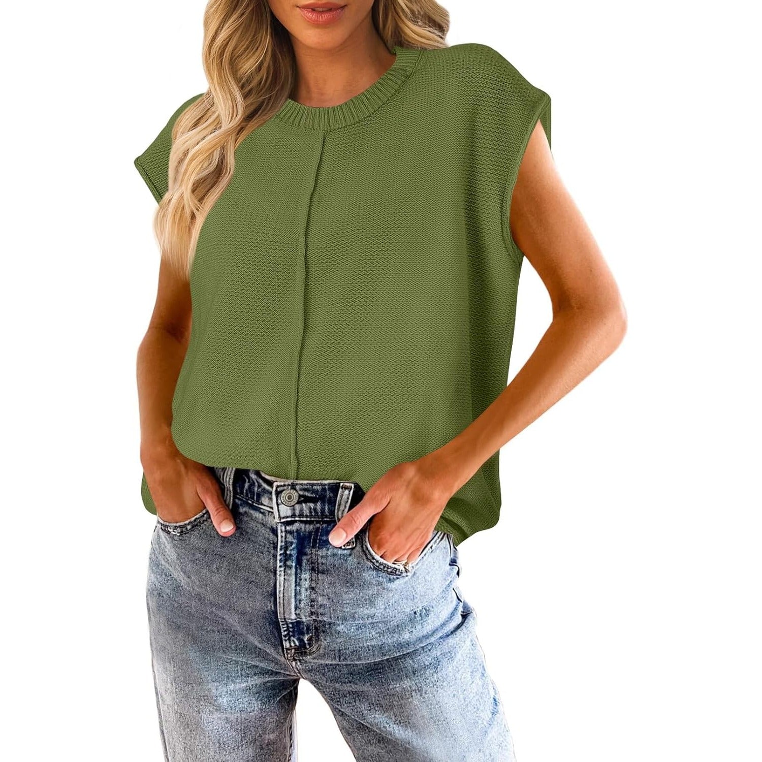 Women's Summer Cap Sleeve Crewneck Tops Casual Loose Fit Knit Sweater Pullover Tank Top