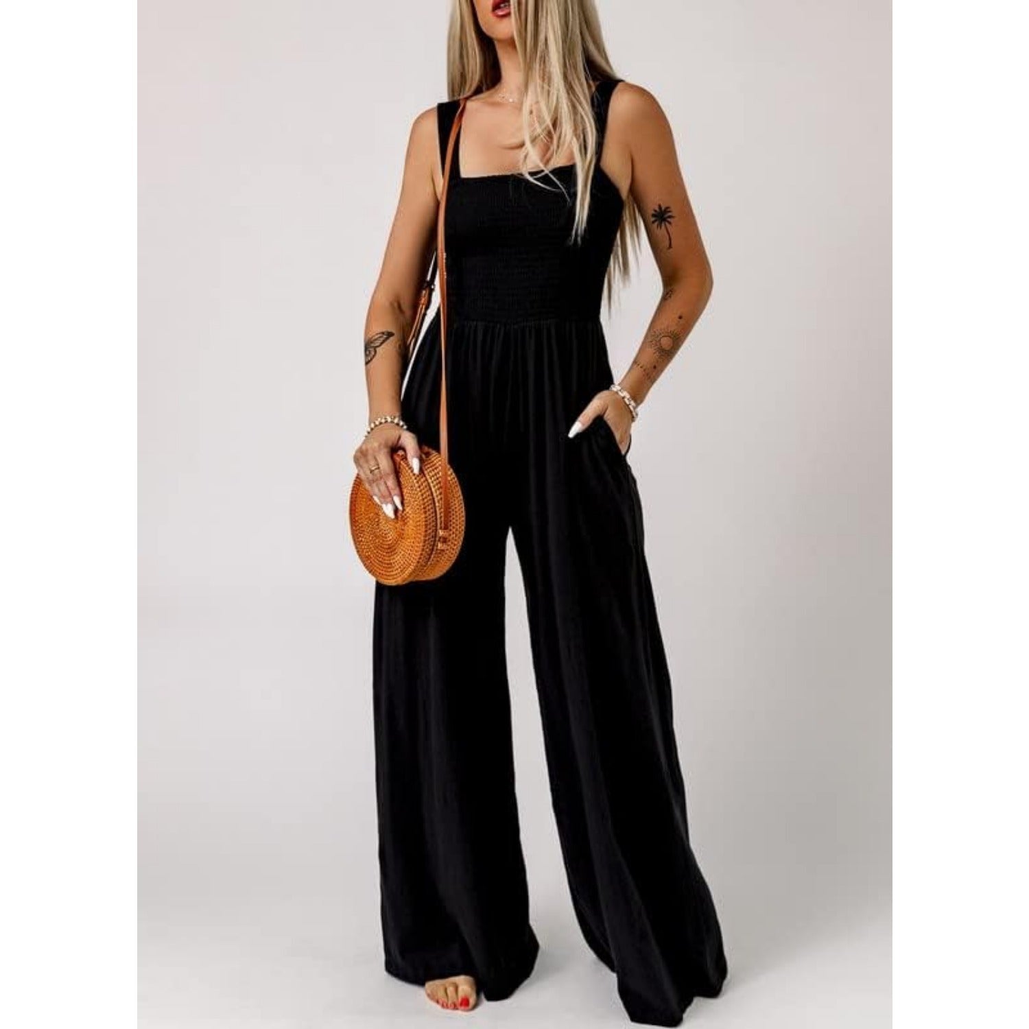Women's Casual Loose Overalls Jumpsuits One Piece Sleeveless Wide Leg Long Pant Rompers With Pockets