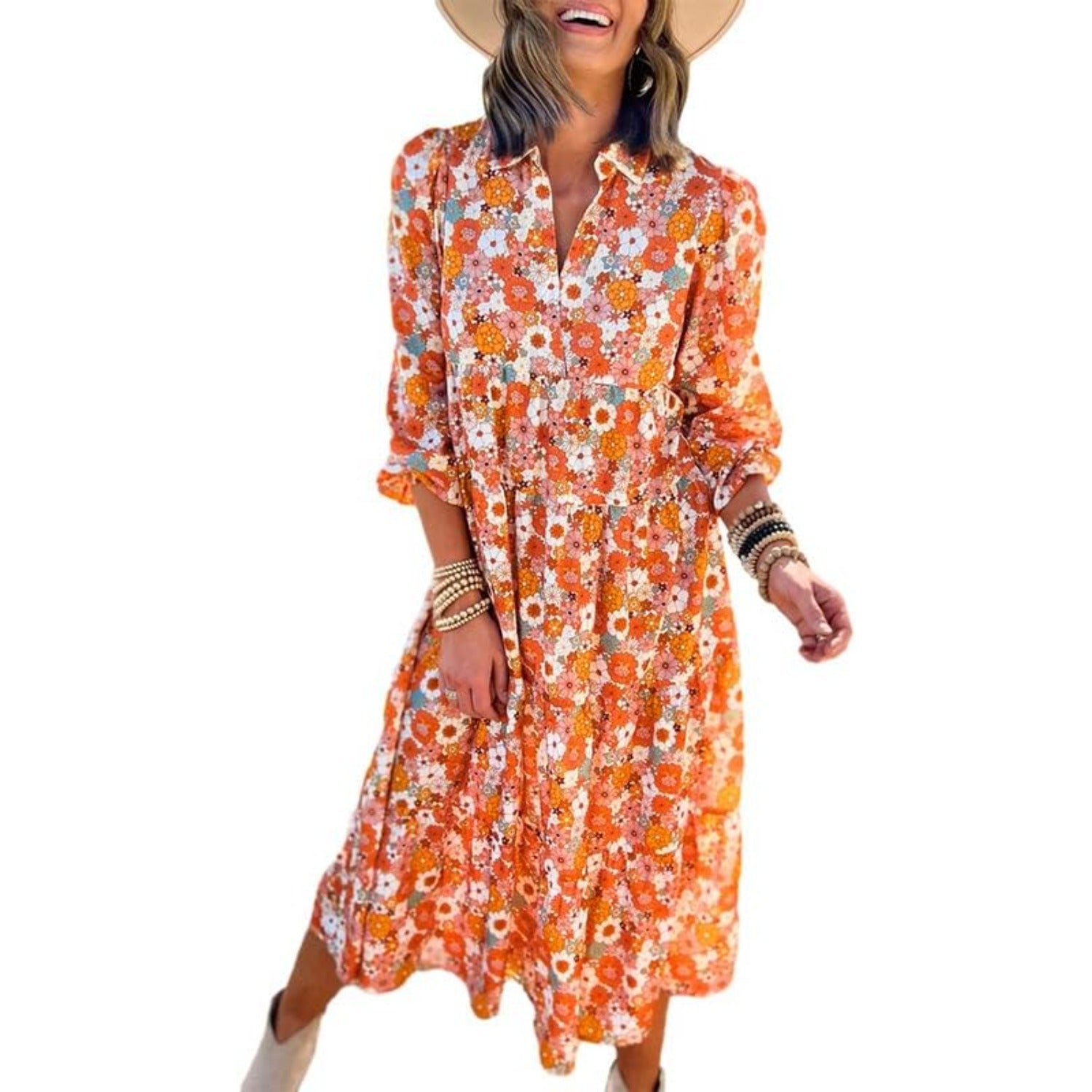 Women's Casual Loose Bohemian Floral Dresses 2024 Long Puff Sleeve V Neck Ruffle A Line Flowy Summer Beach Dress