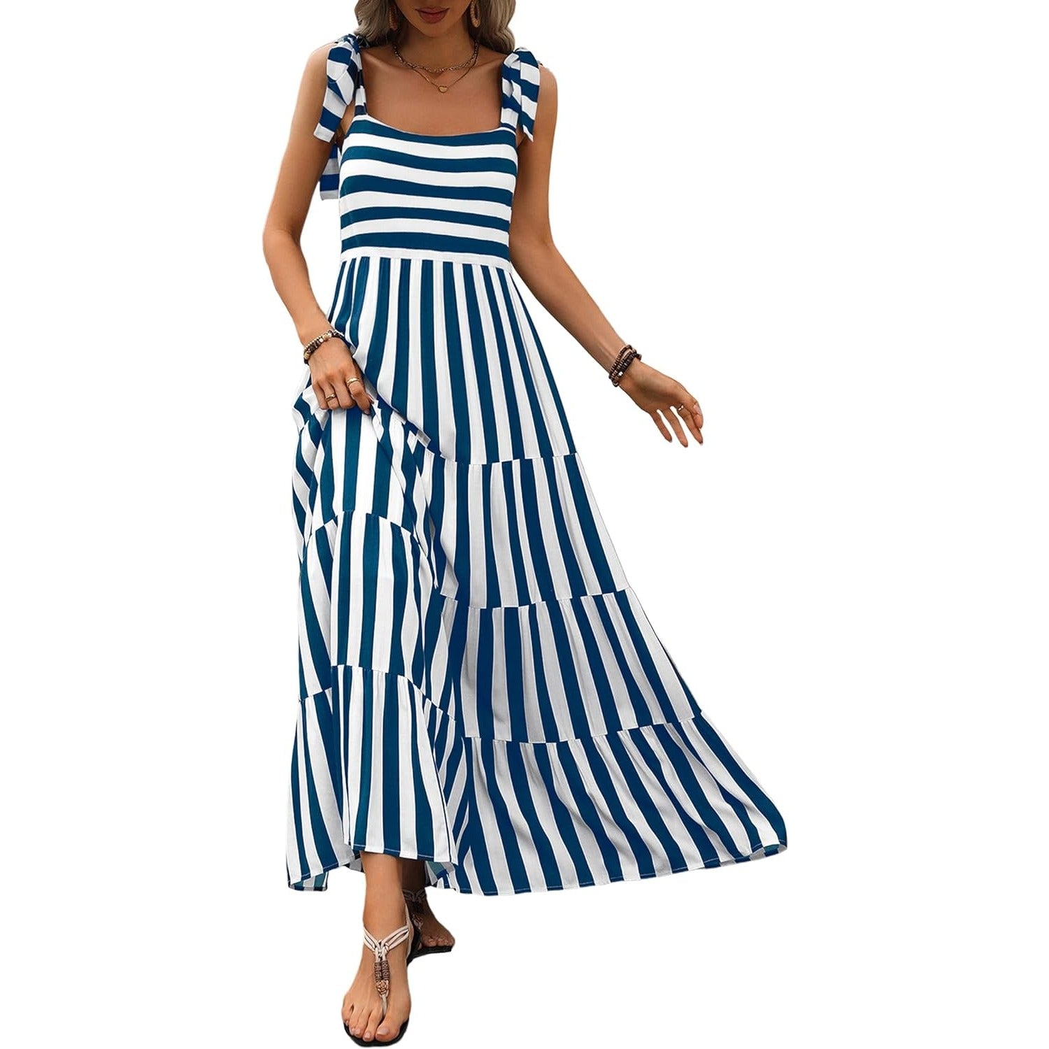 Women Dresses 2024 Summer Floral Sleeveless Maxi Dress Casual Spaghetti Strap Tiered Flowy Beach Long Dress