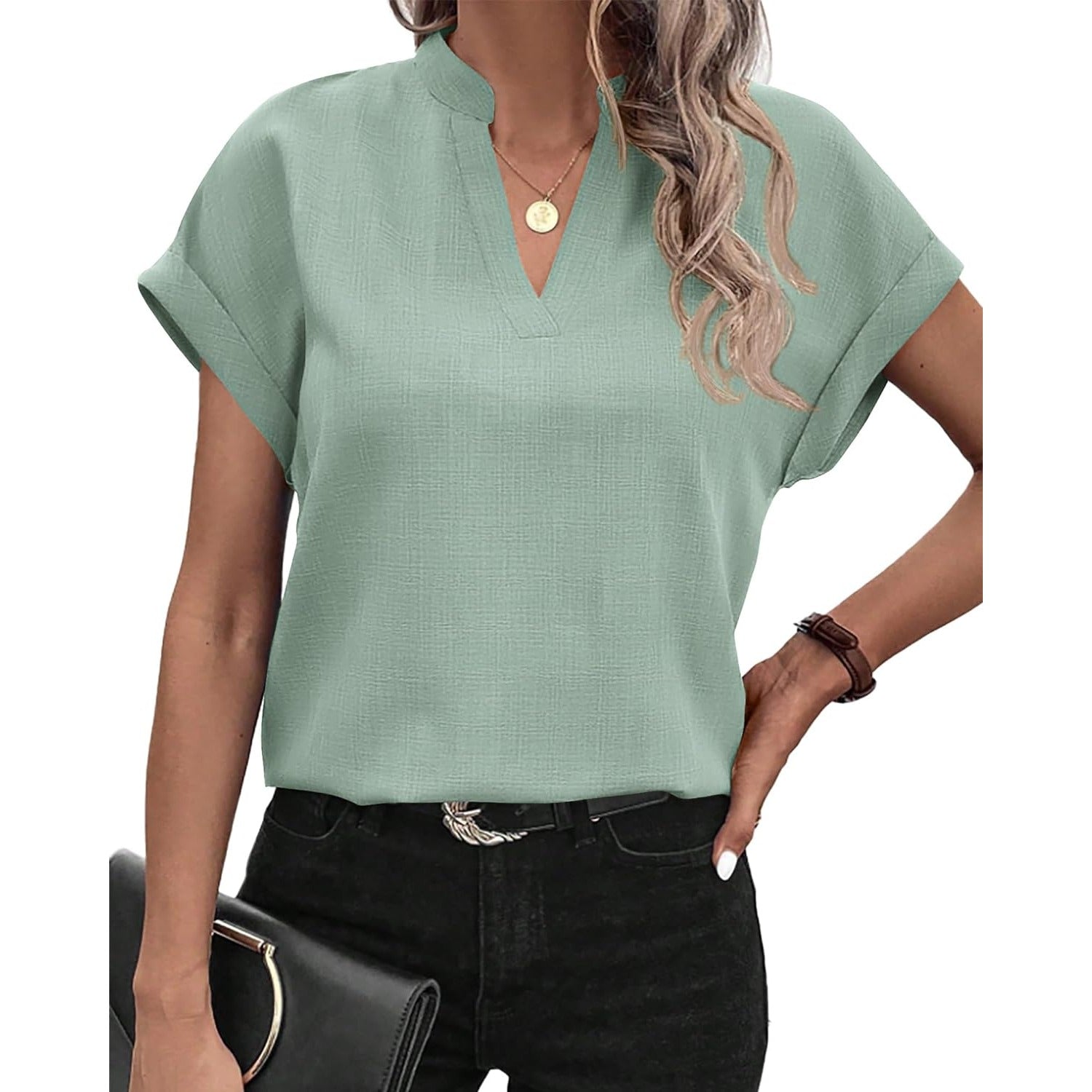 Women's Summer Tops 2024 V Neck Short Sleeve Tshirt Loose Flowy Tunics Solid Color Dressy Casual Blouse Shirts