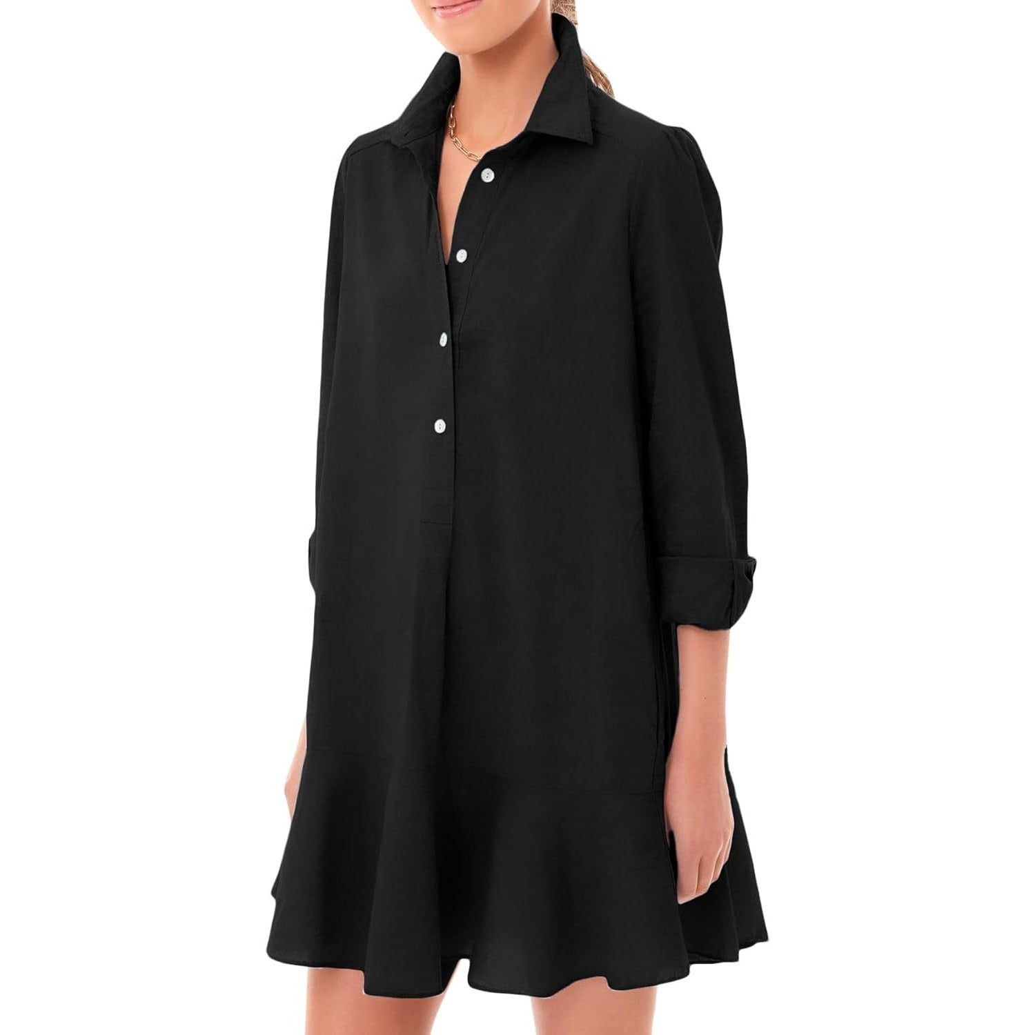 Women‘s Tunic Shirt Mini Dress Long Sleeve Cotton Short Dress Button Up Ruffle Hem Shift Dresses