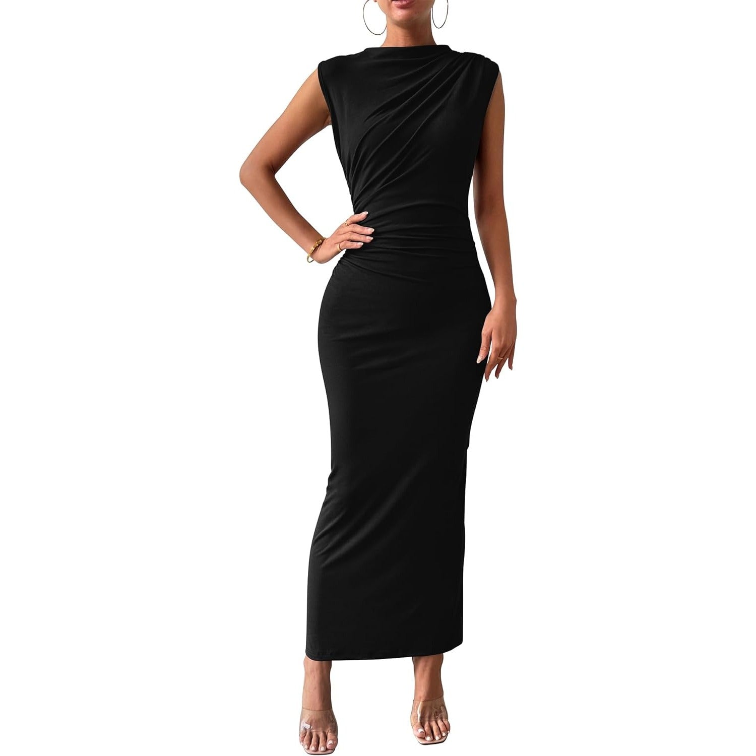 Women's Ruched Bodycon Dress Summer Casual Sleeveless Back Slit Elegant Club Evening Party Cocktail Maxi Dresses