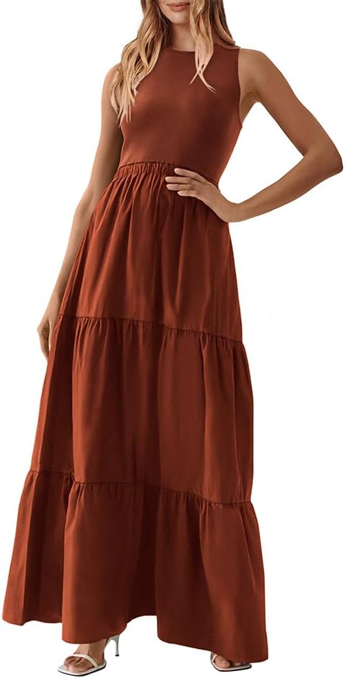 Women Sleeveless Summer Dresses Wedding Guest Maxi Dresses Ribbed Knit Tops and Polyester Skirt with Pockets