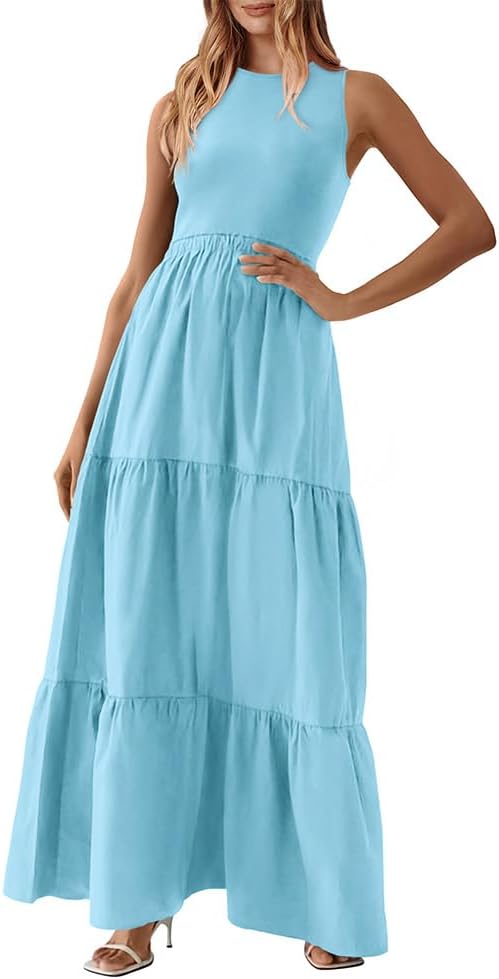 Women Sleeveless Summer Dresses Wedding Guest Maxi Dresses Ribbed Knit Tops and Polyester Skirt with Pockets