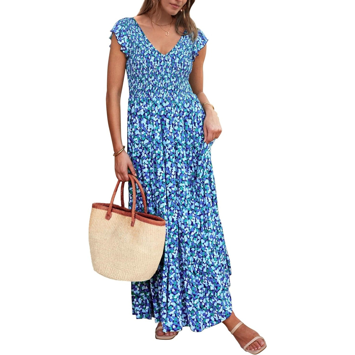 Women's Summer Flowy Maxi Dress Casual Cap Sleeve V Neck Smocked Beach Sundress