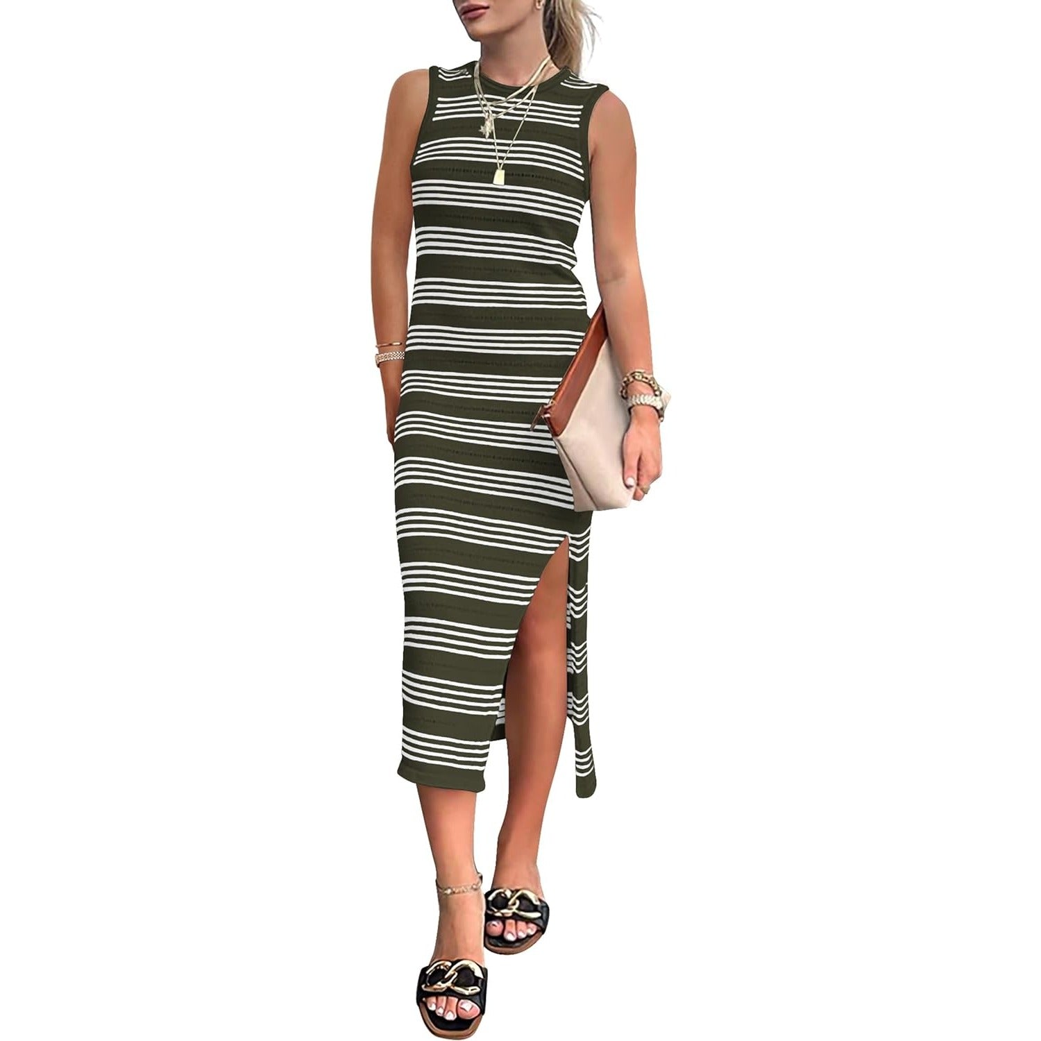 Women's Summer Bodycon Sundresses Casual Midi Sleeveless Hollow Out Knit Side Slit Striped Long Tank Dress