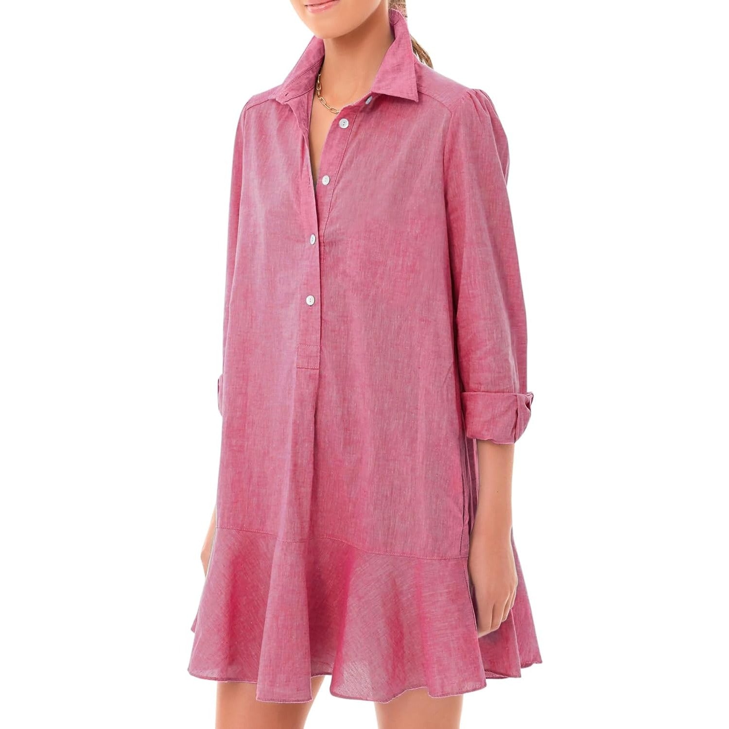 Women‘s Tunic Shirt Mini Dress Long Sleeve Cotton Short Dress Button Up Ruffle Hem Shift Dresses
