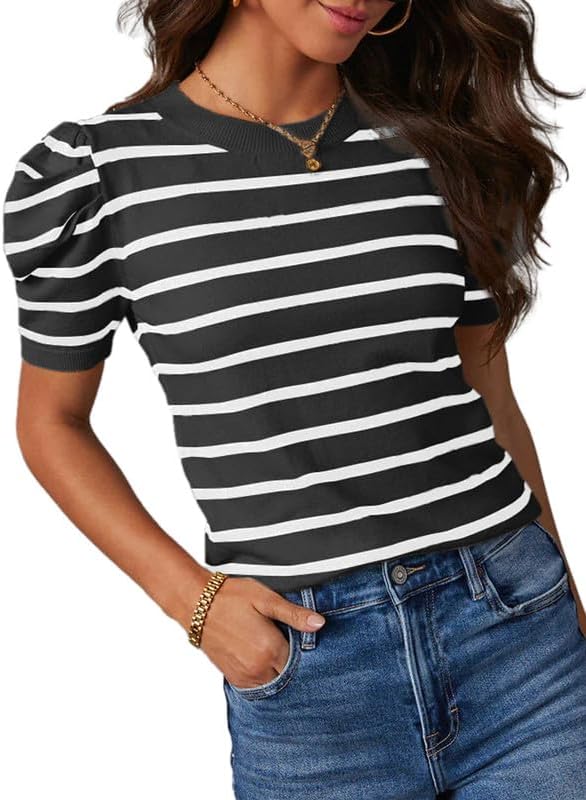 Women's Short Puff Sleeve Knit Tops 2024 Trendy Crewneck Striped T Shirts Casual Summer Blouses