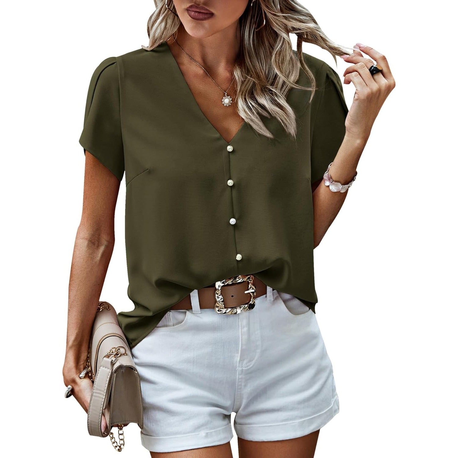 Short Sleeve Blouses for Women 2024 Summer Western Chiffon Shirts Dressy Casual Pearl Tops