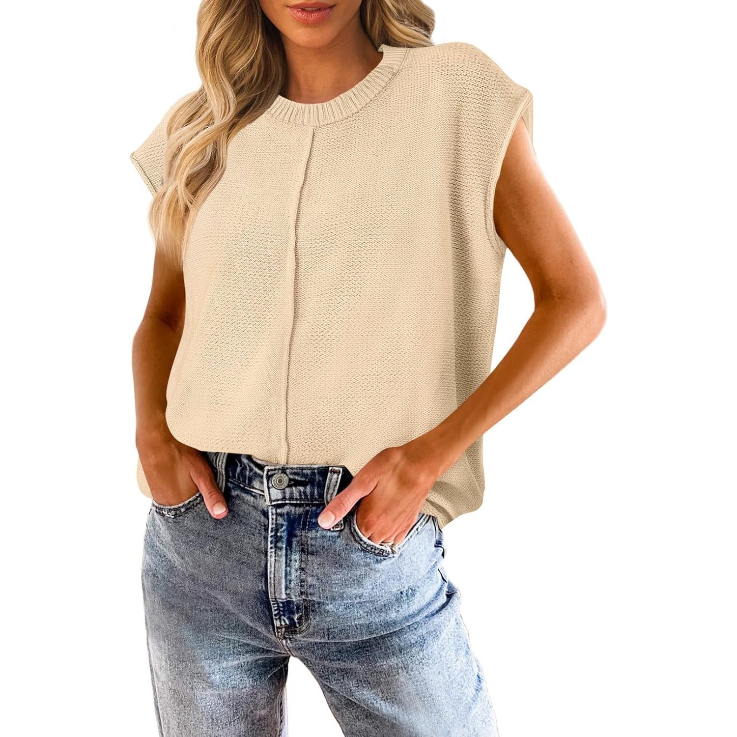 Women's Summer Cap Sleeve Crewneck Tops Casual Loose Fit Knit Sweater Pullover Tank Top