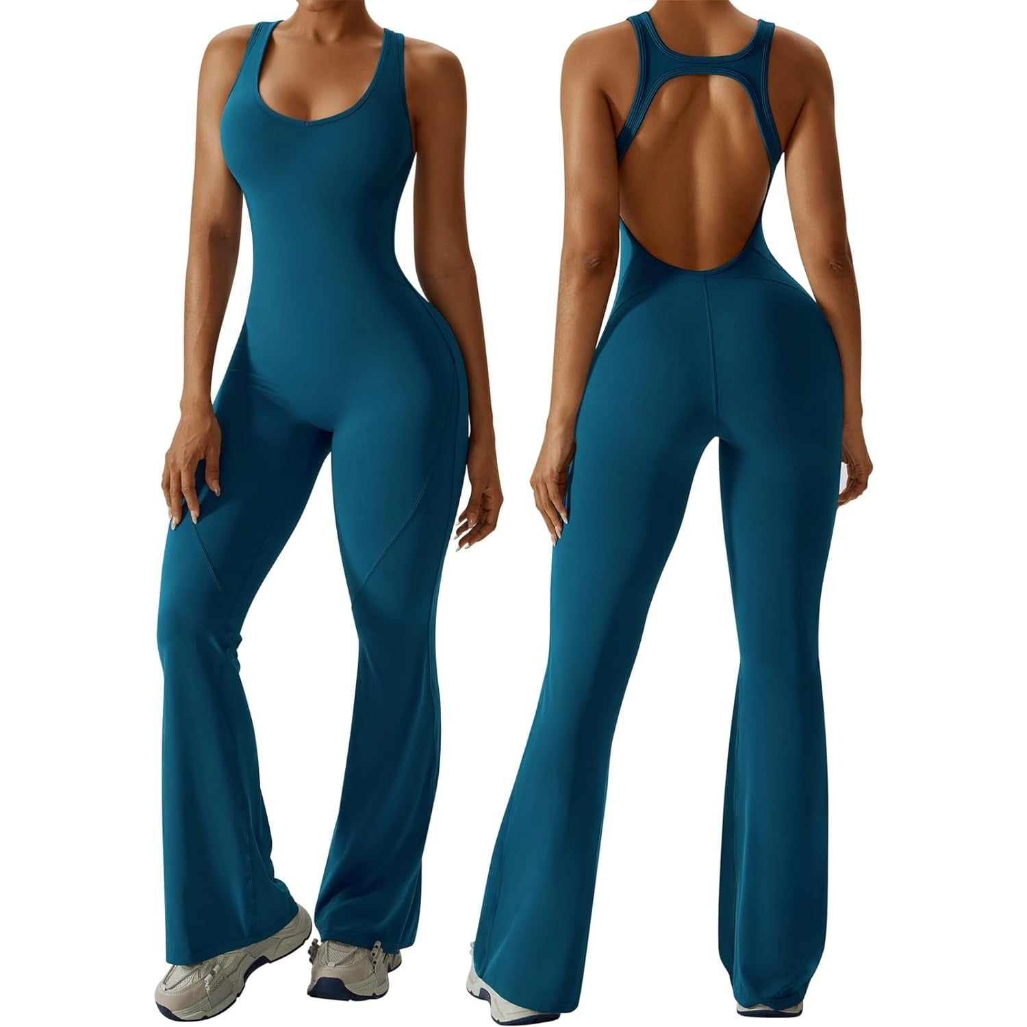 Womens Flare Jumpsuit with Bra Tummy Control Cutout Romper Workout Outfit Sleeveless Unitard One Piece Backless Bodysuit