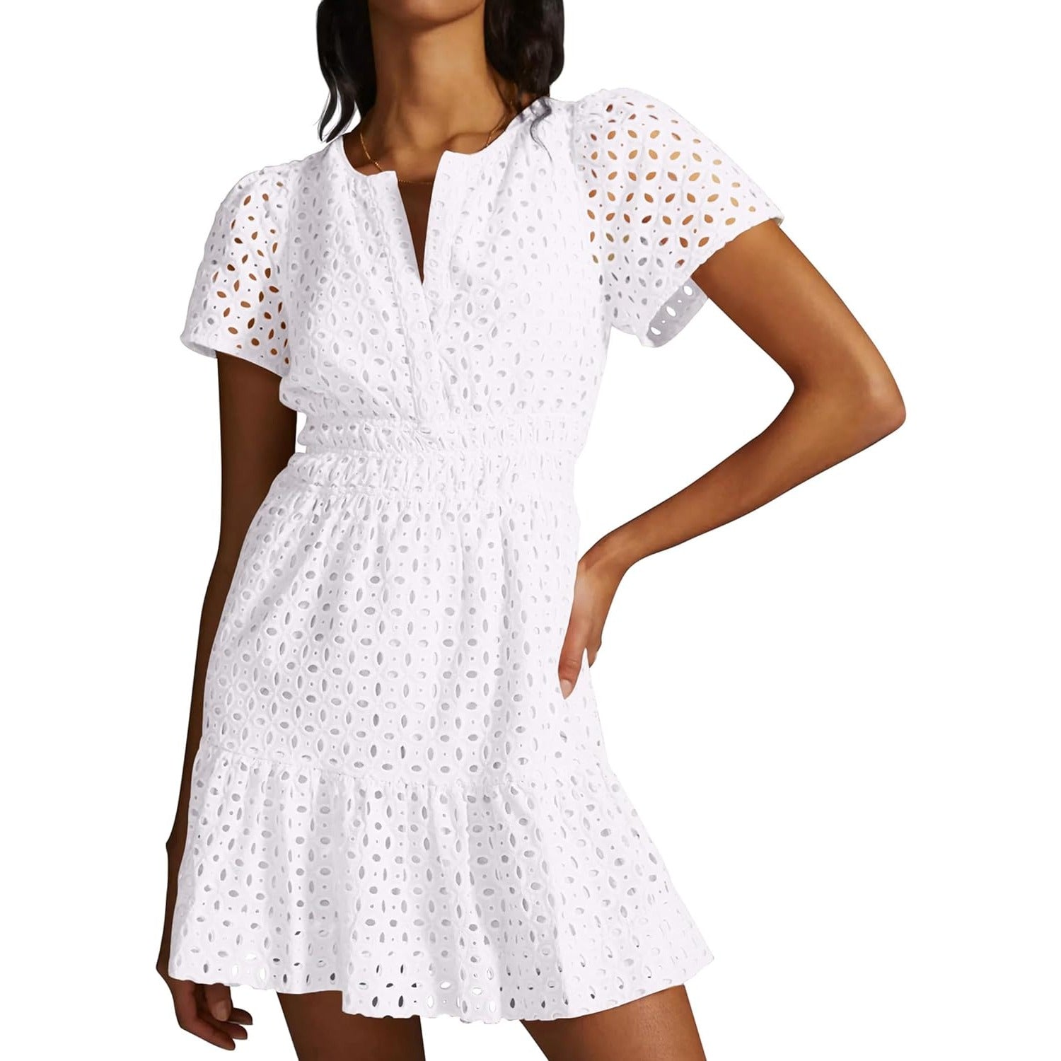 Womens 2024 Summer Short Dress V Neck Short Sleeve A Line Hollow Out Lace Ruffle Cute Casual Beach Party Dresses