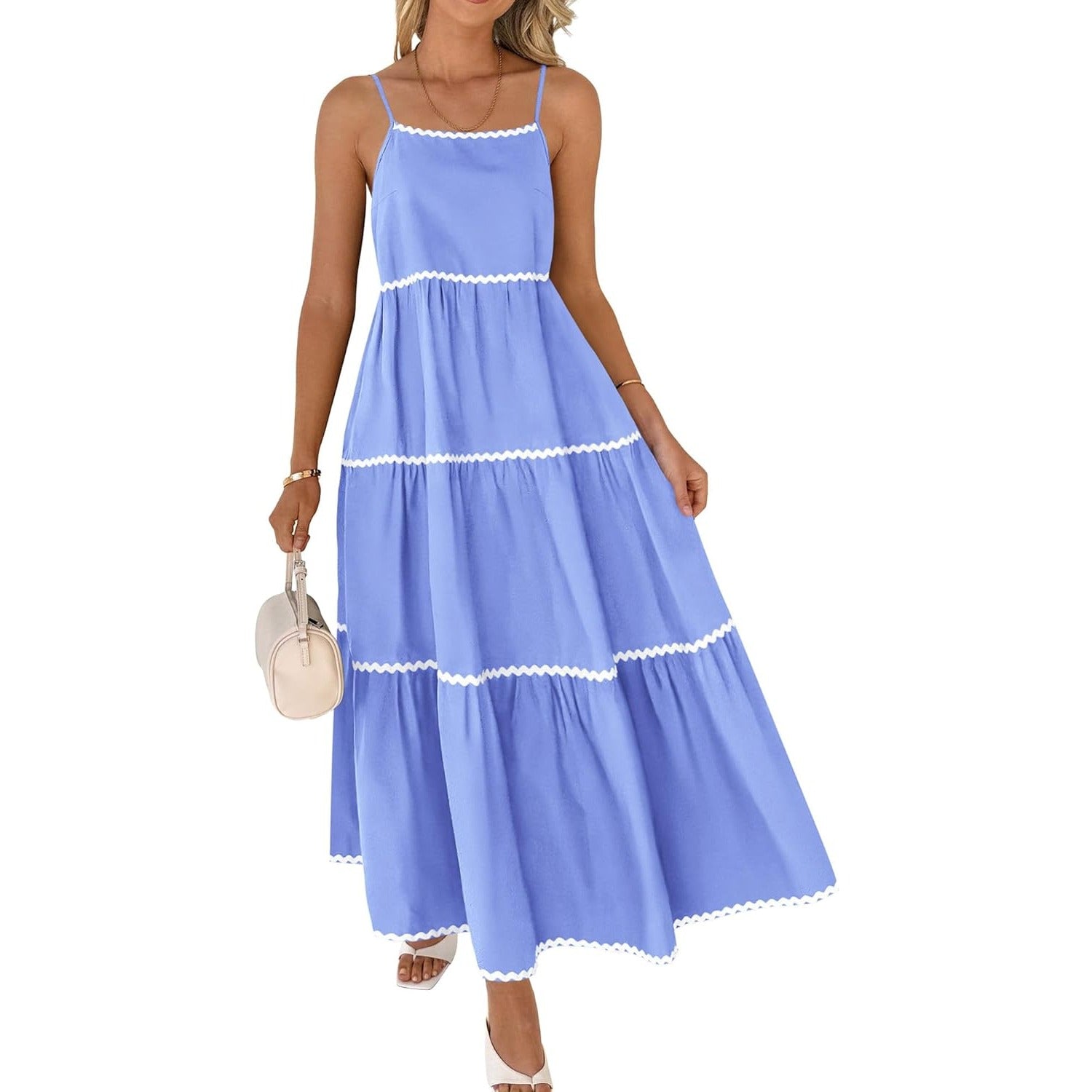 Boho Summer Dresses 2024 Vacation Spaghetti Strap Backless RIC Rac Trim Tiered A-Line Long Casual Swing Sundress
