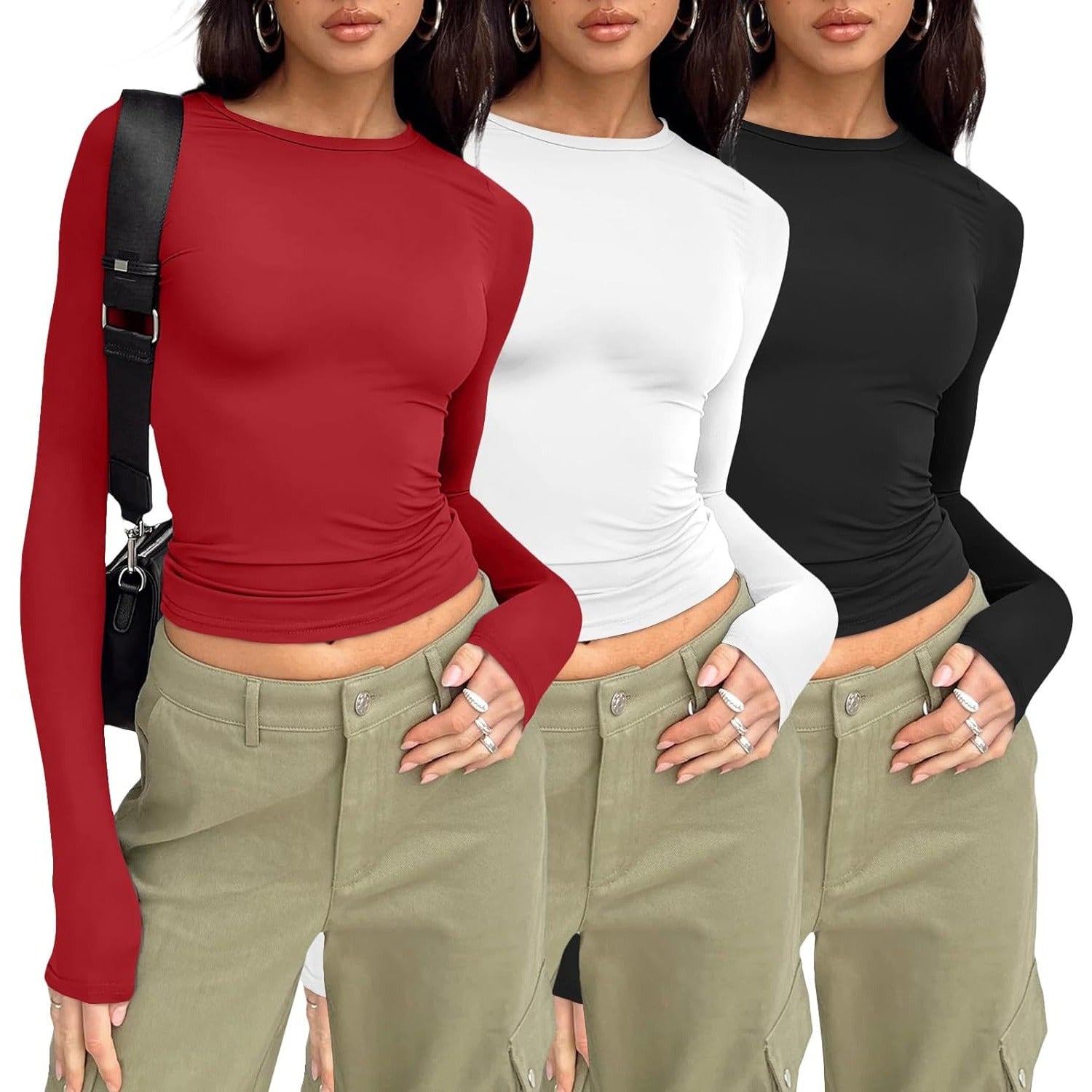 Womens 3 Piece Long Sleeve Shirts Basic Crop Tops Going Out Fall Fashion Underscrubs Layer Slim Fit Y2K Tops