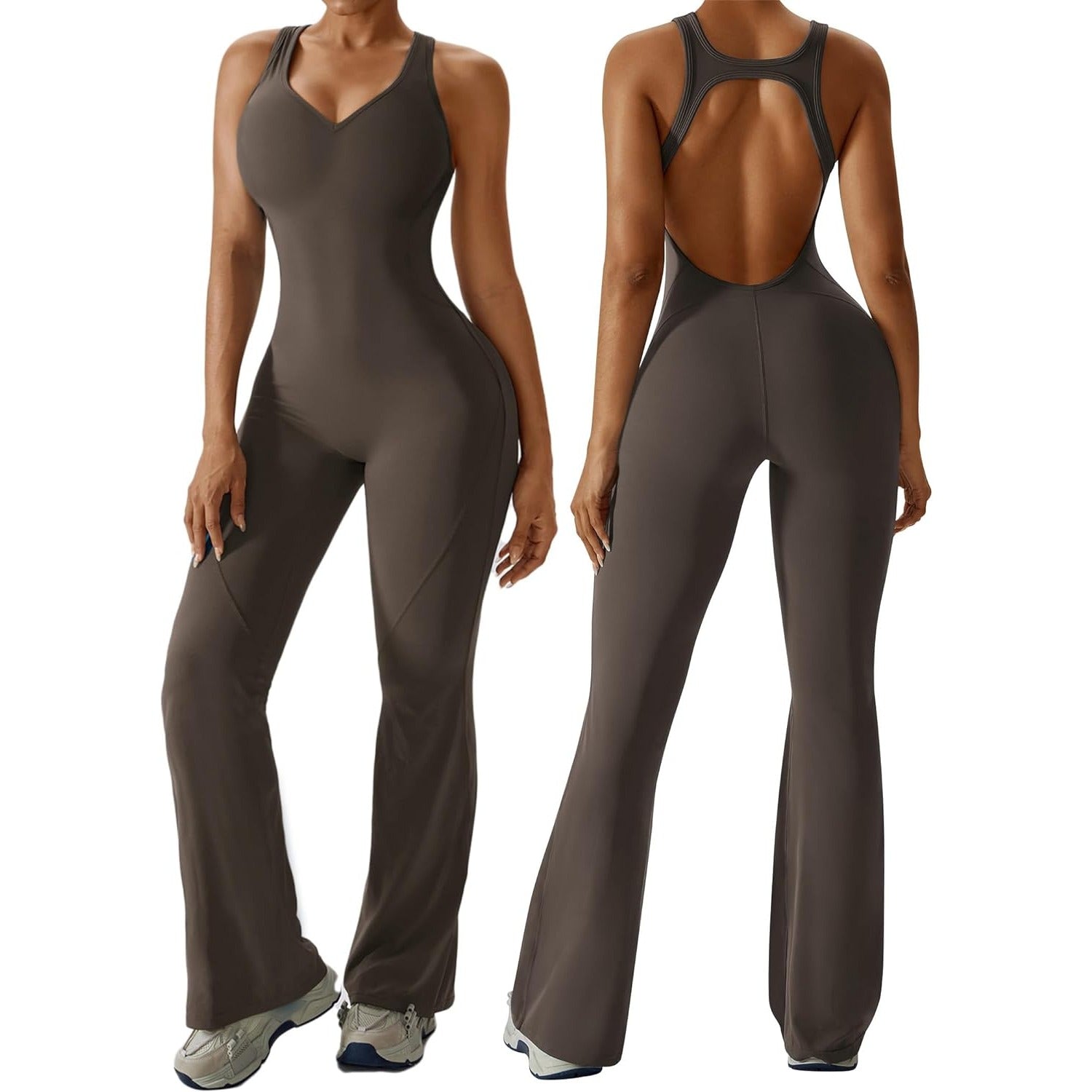 Womens Flare Jumpsuit with Bra Tummy Control Cutout Romper Workout Outfit Sleeveless Unitard One Piece Backless Bodysuit