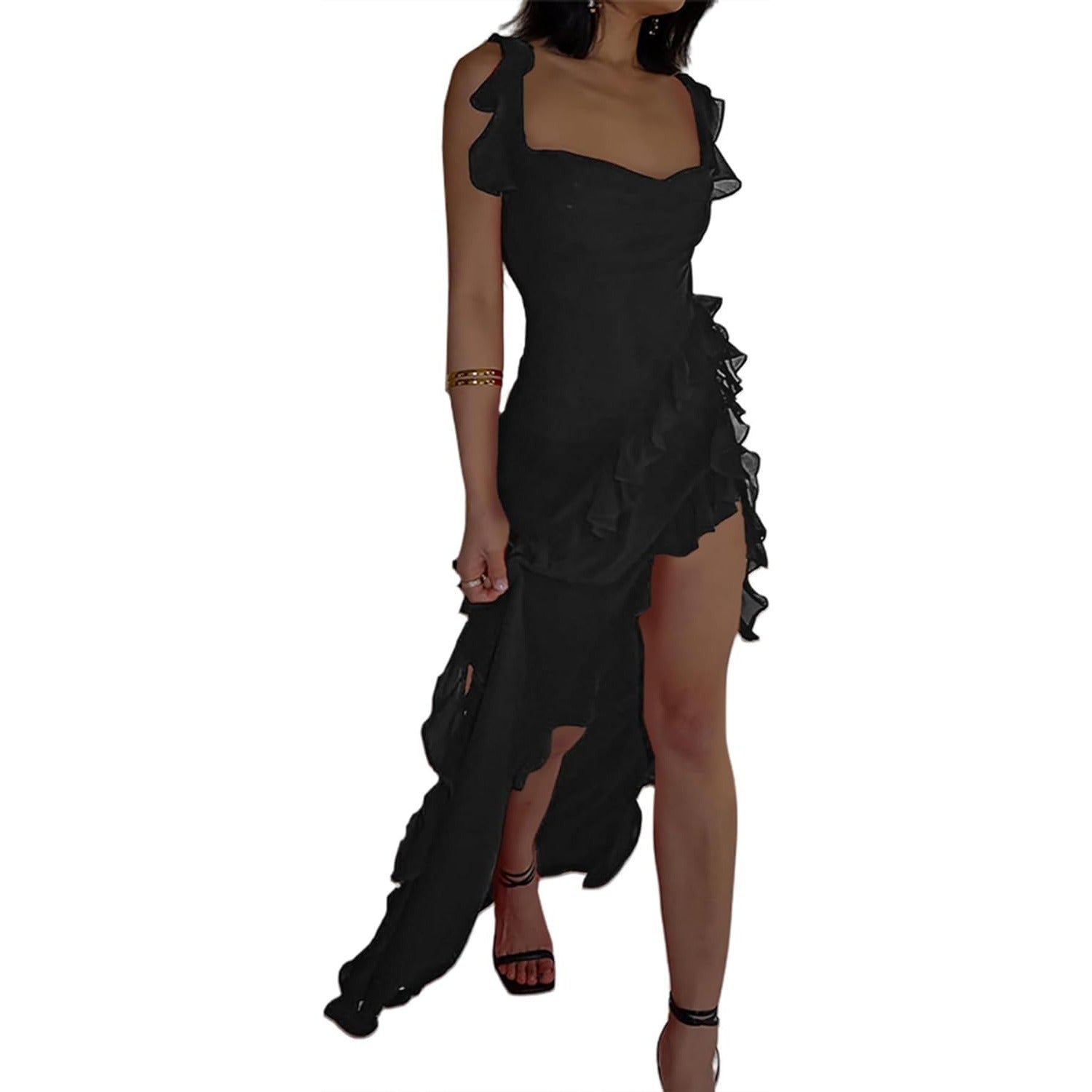 Womens Spaghetti Strap High Slit Bodycon Maxi Dress Square Neck Backless Party Club Dress