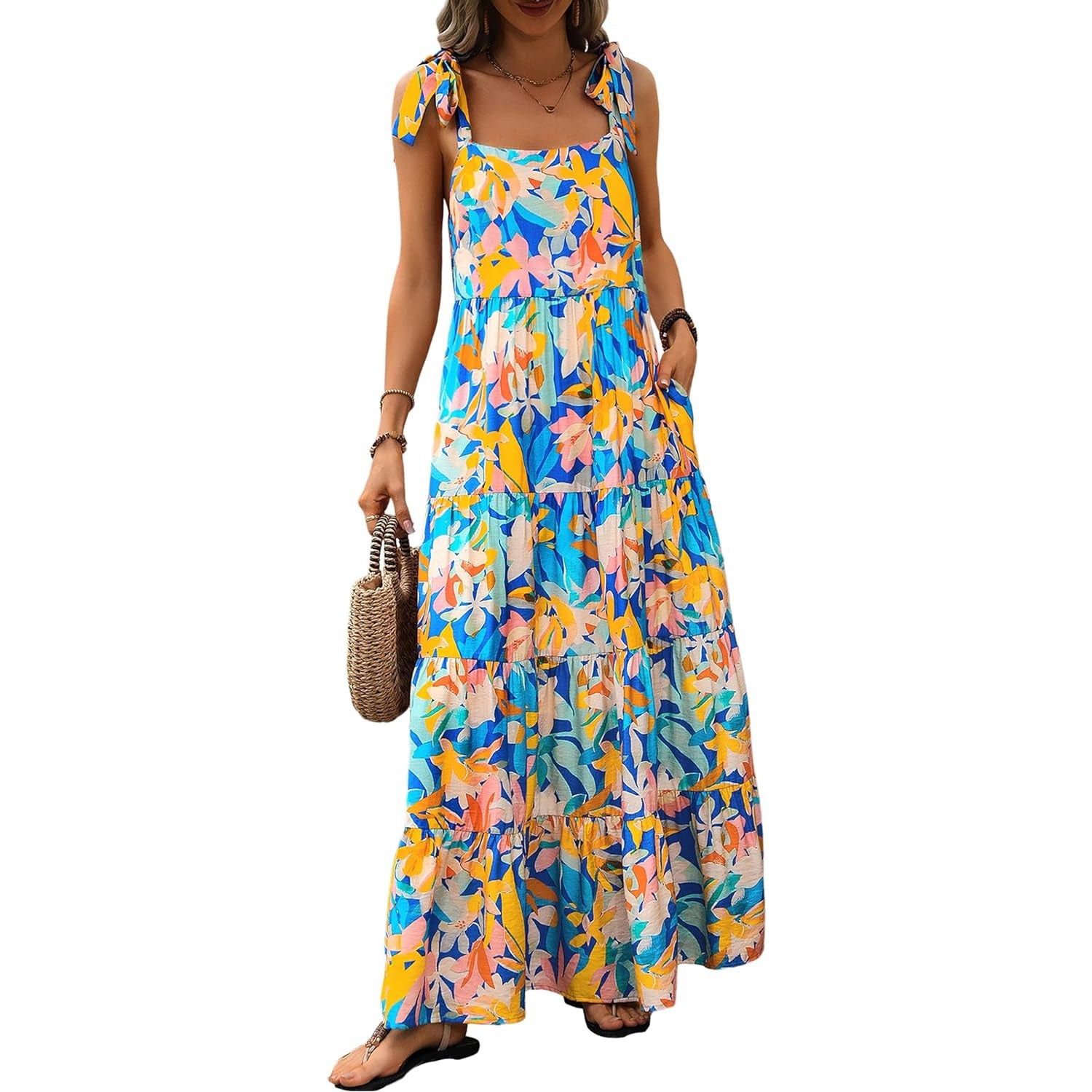 Women Dresses 2024 Summer Floral Sleeveless Maxi Dress Casual Spaghetti Strap Tiered Flowy Beach Long Dress