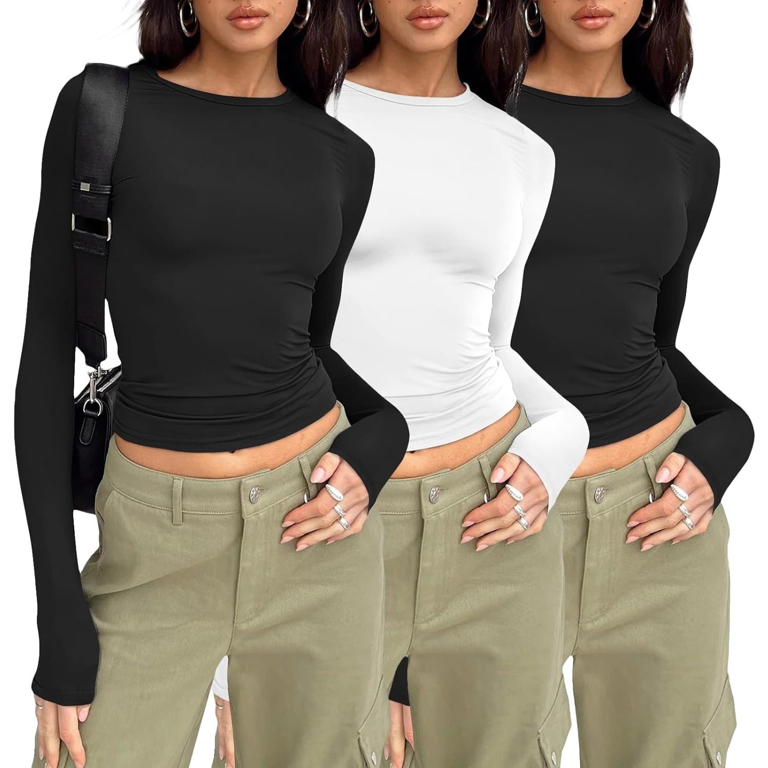 Womens 3 Piece Long Sleeve Shirts Basic Crop Tops Going Out Fall Fashion Underscrubs Layer Slim Fit Y2K Tops