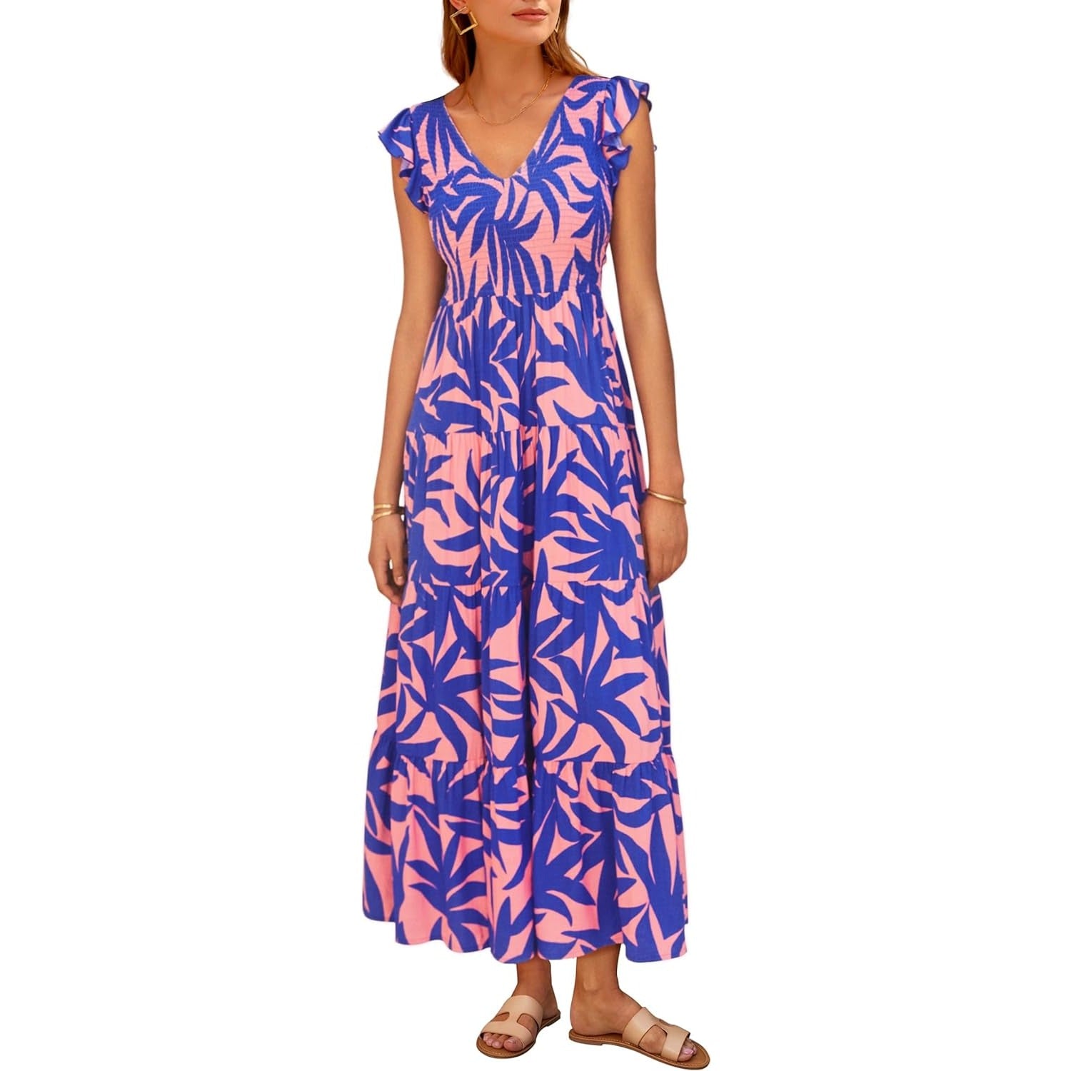 Women's Summer Flowy Maxi Dress Casual Cap Sleeve V Neck Smocked Beach Sundress