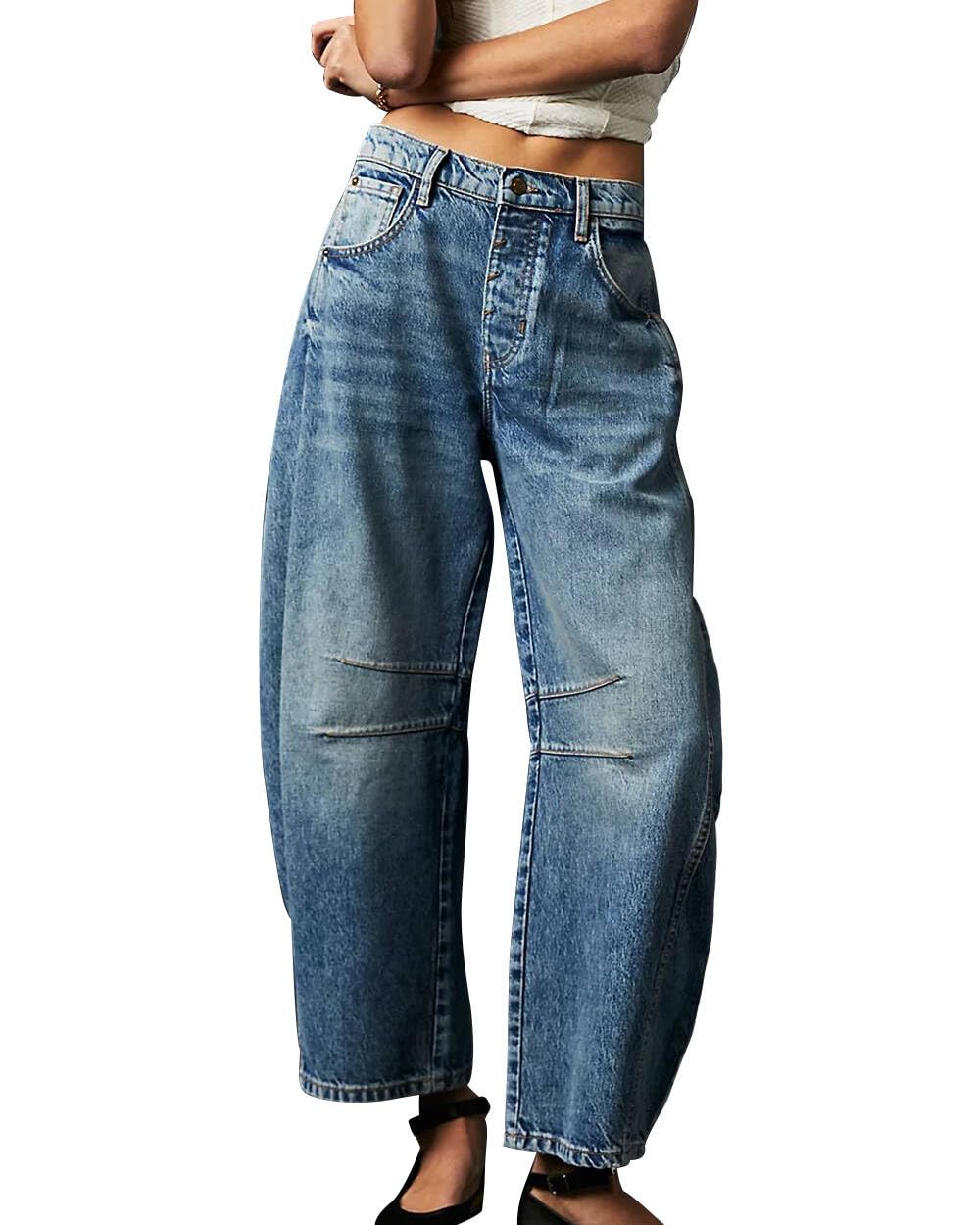 Barrel Jeans for Women Wide Leg Mid Rise Barrel Denim Ankle Pants Y2k Baggy Boyfriend Jeans with Pockets