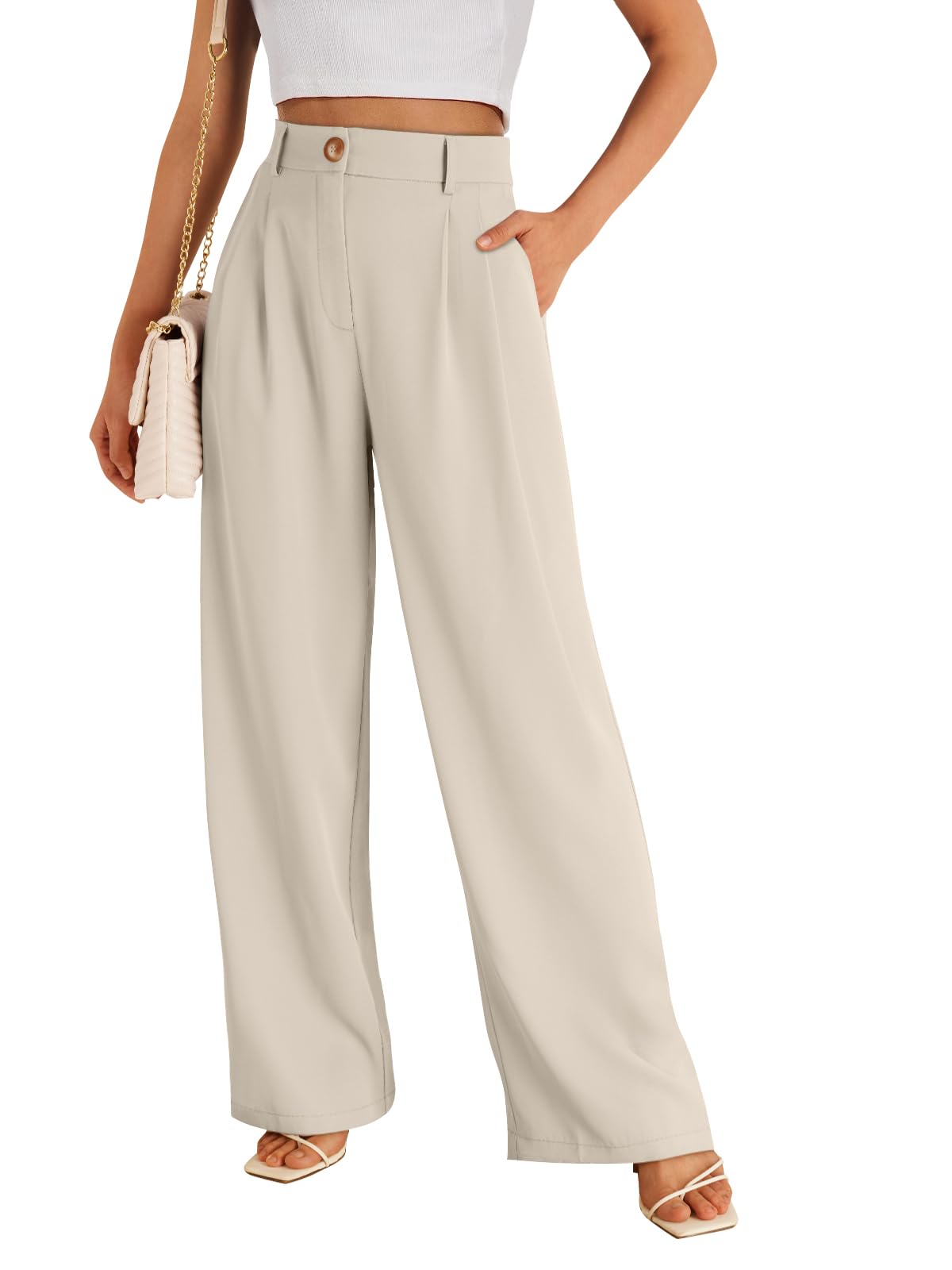 Wide Leg Dress Pants Women's High Waisted Business Casual Trousers VALOZENC White Small 