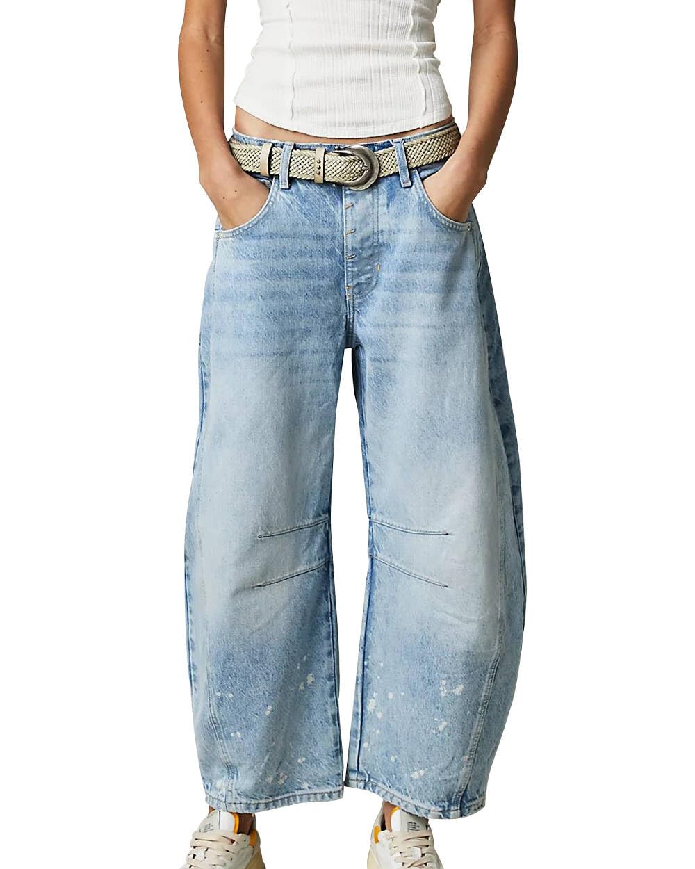 Barrel Jeans for Women Wide Leg Mid Rise Barrel Denim Ankle Pants Y2k Baggy Boyfriend Jeans with Pockets