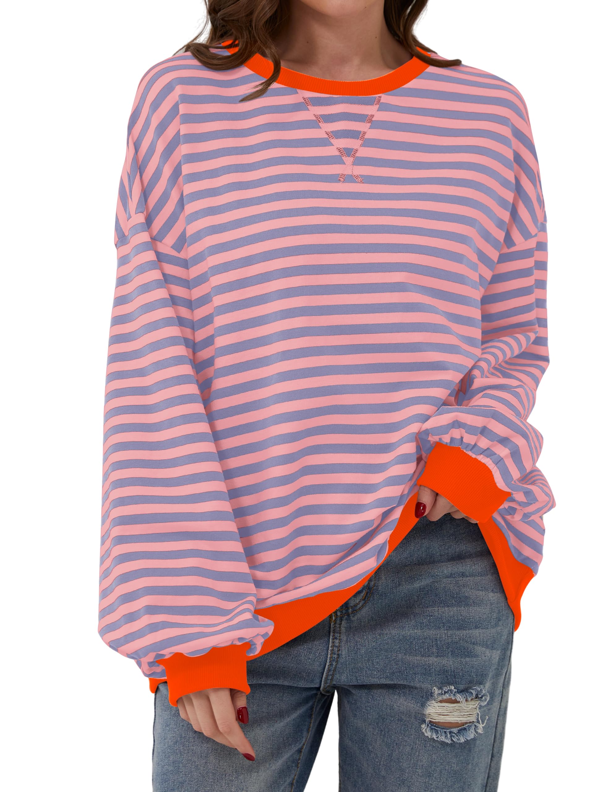 Women Oversized Striped Color Block Long Sleeve Crew Neck Sweatshirt Casual Loose Pullover Y2K Shirt Top