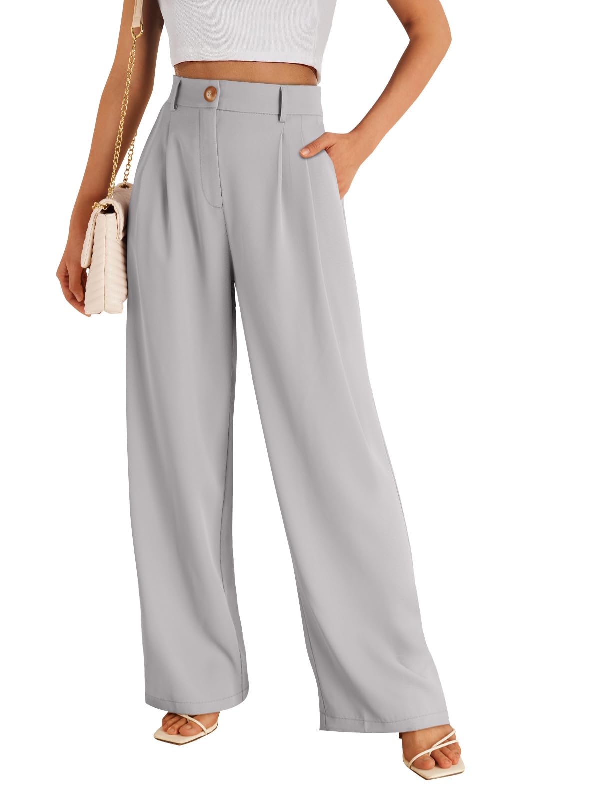 Wide Leg Dress Pants Women's High Waisted Business Casual Trousers VALOZENC Grey Small 