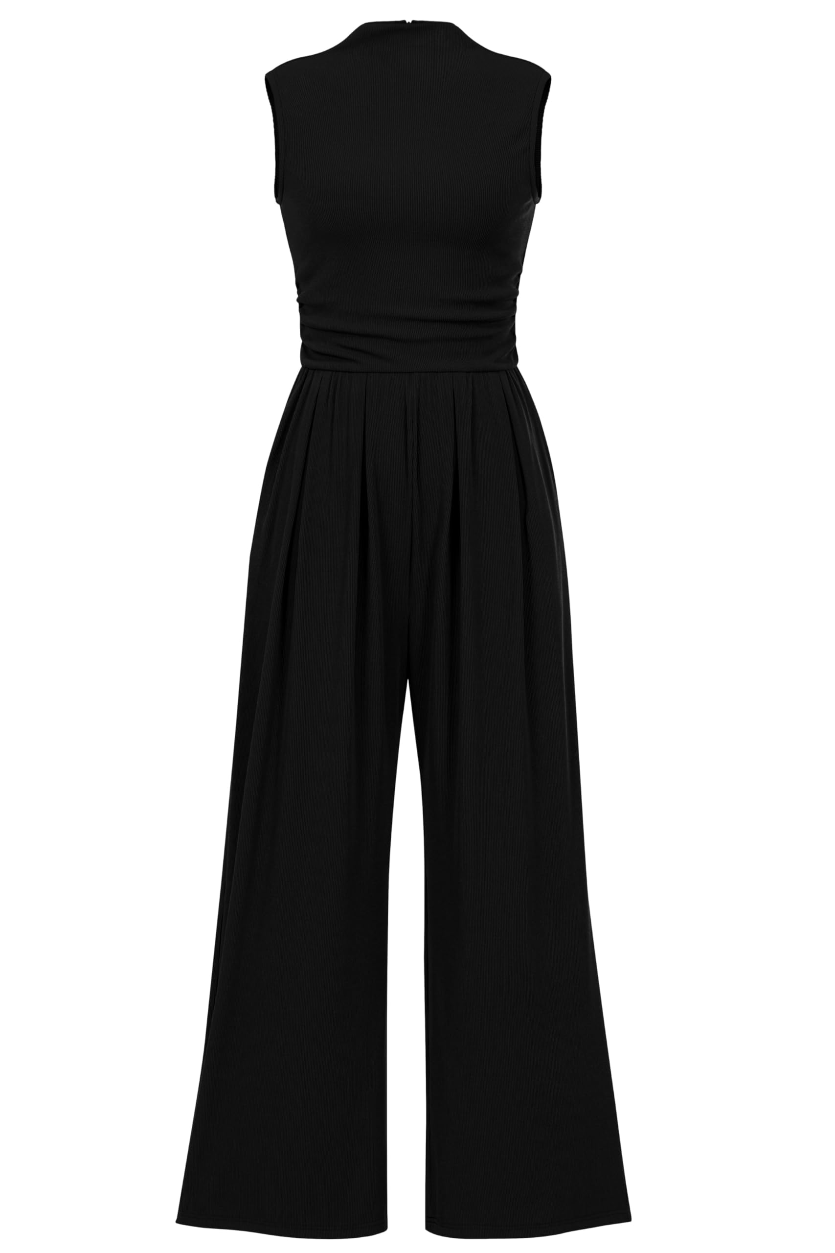 Womens Summer Jumpsuits Dressy Casual One Piece Outfits Sleeveless Mock Neck Wide Leg Pants Rompers with Pockets