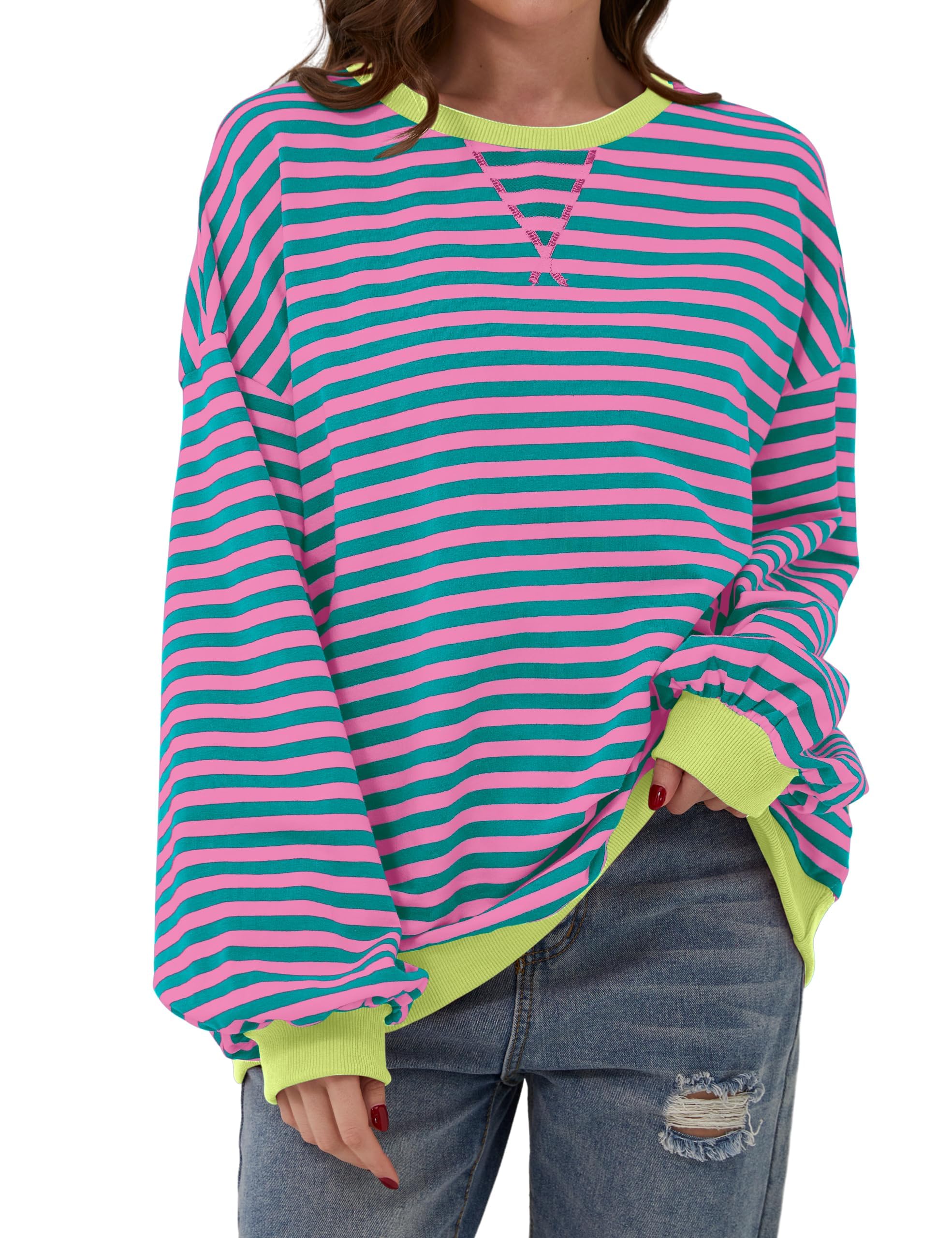 Women Oversized Striped Color Block Long Sleeve Crew Neck Sweatshirt Casual Loose Pullover Y2K Shirt Top