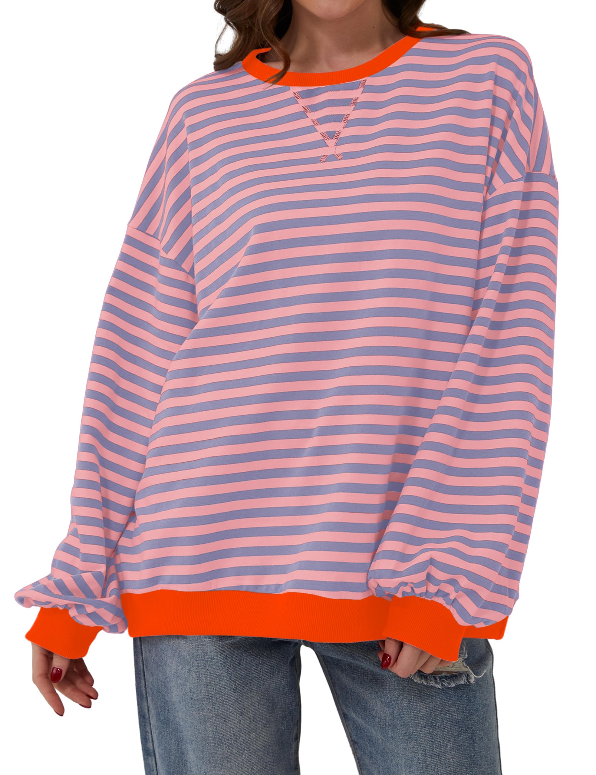 Women Oversized Striped Color Block Long Sleeve Crew Neck Sweatshirt Casual Loose Pullover Y2K Shirt Top VALOZENC 